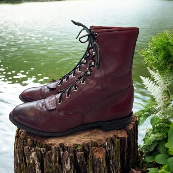 Justin Other - Vintage Justin Roper Boots Maroon Leather Fringe Kiltie 9 USA Rustic Western